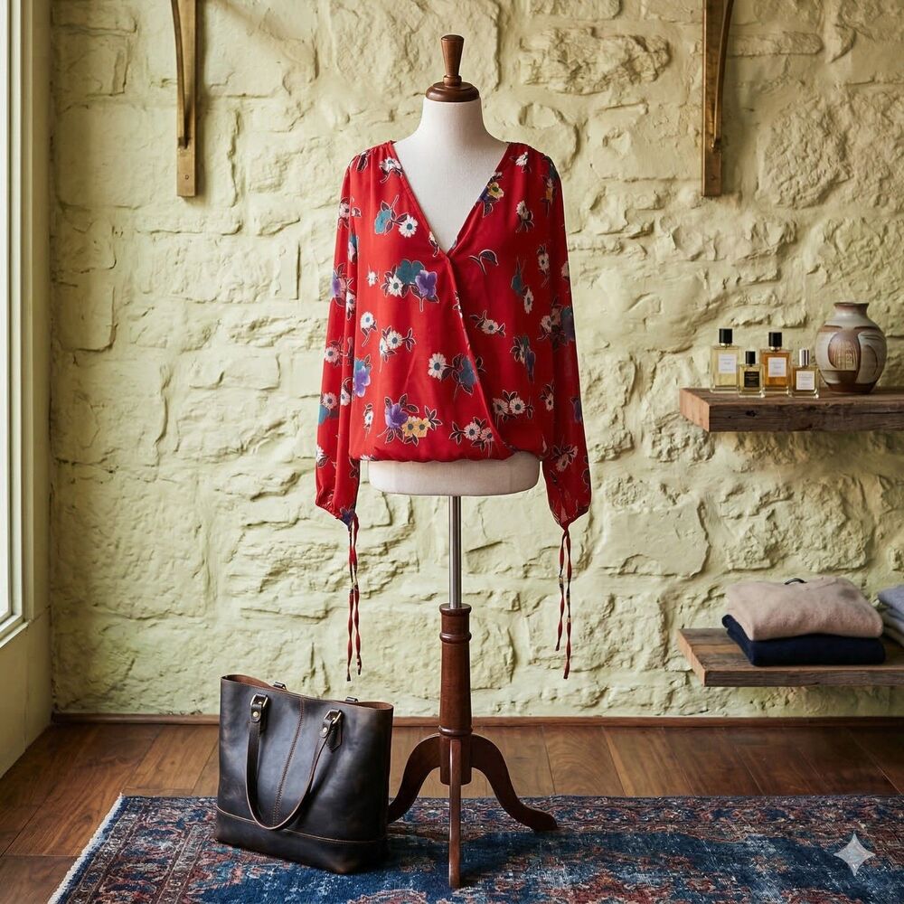 Collective Concepts Red Floral Wrap Top V-Neck Tie Sleeve Blouse Womens Large